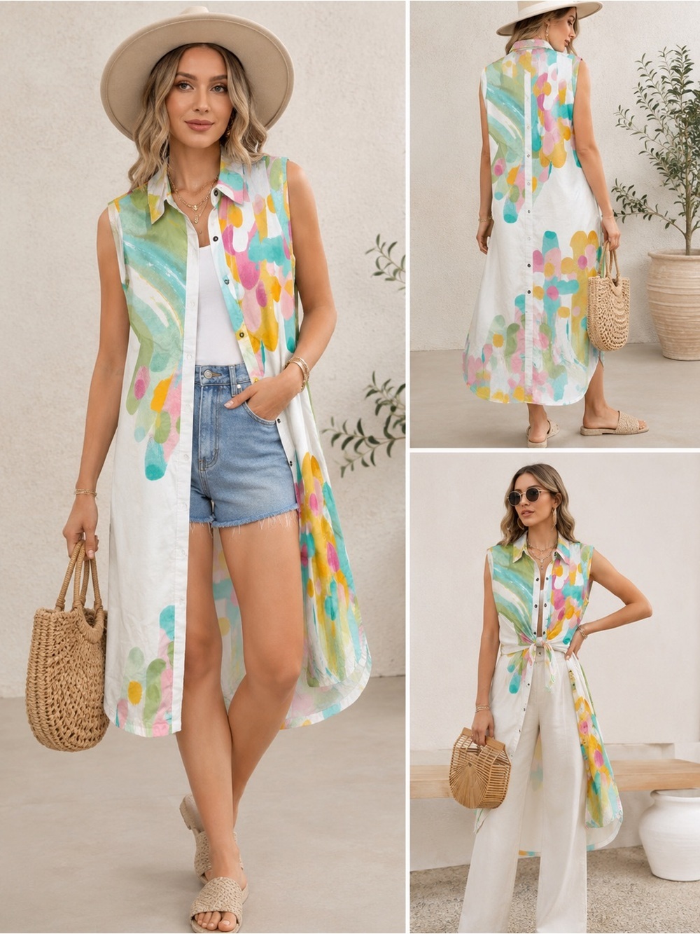 Anthropologie White Midi Dress with Pastel Multicolor Print